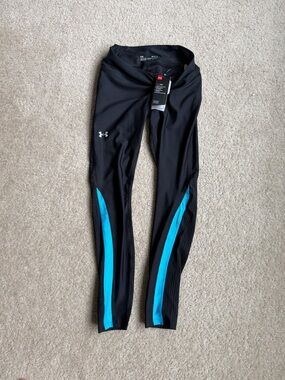 Under Armour Heat Gear Compression Black Leggings with Teal Accent Panels